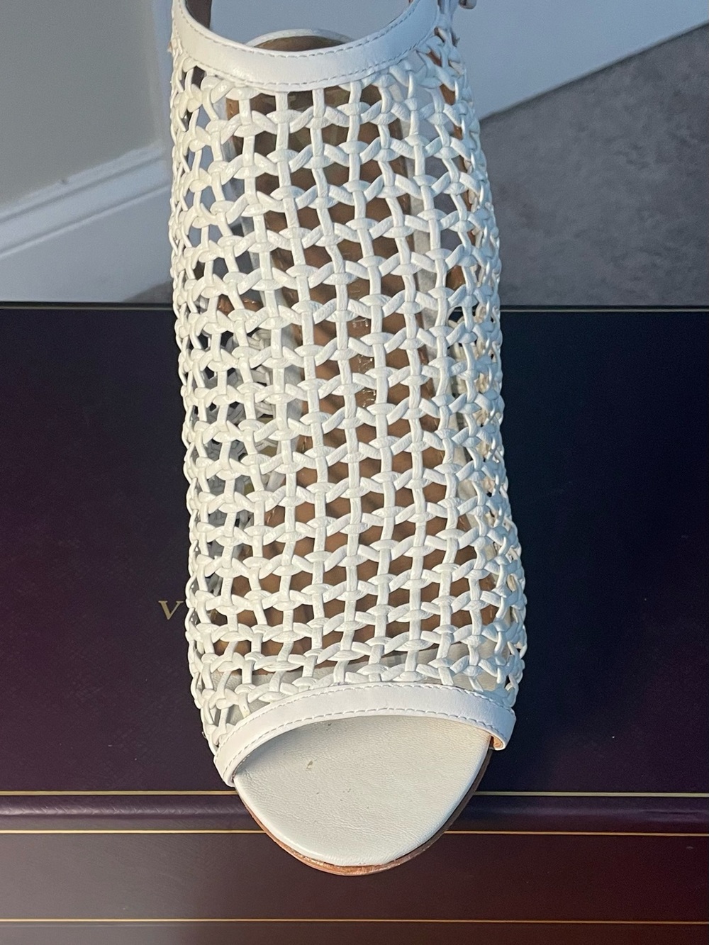 Vince Camuto White Leather Woven Peep-Toe Wedge Sandals